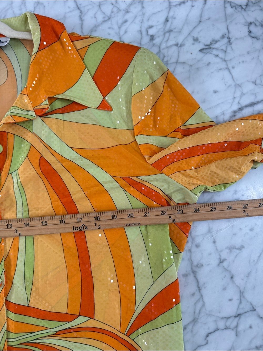 Vintage 70’s Sole Dior Studio 1X Swirl Print Button-Up Top Jacket Sparkle Sequin - Picture 8 of 15